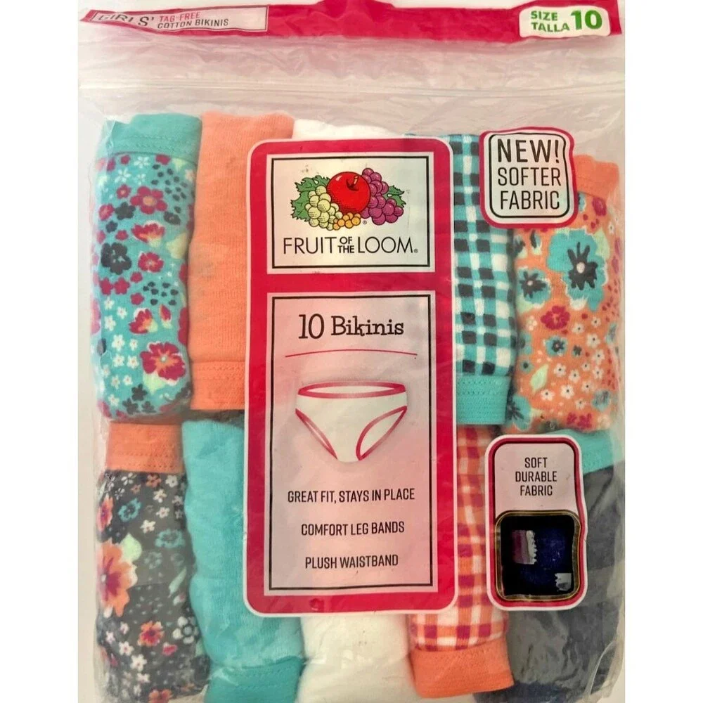 Girls Fruit of the Loom Cotton Bikinis, 10 Pack, Size 10 - Picture 3 of 4
